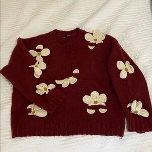 SHEIN Burgundy Sweater with Cream Floral Accents